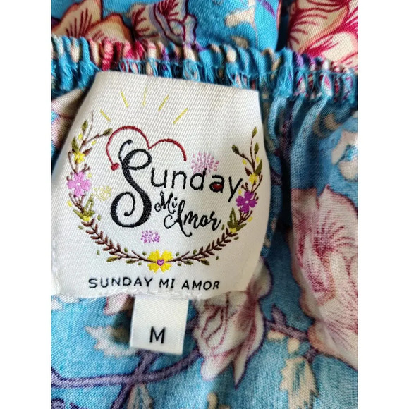 Sunday Mi Amor Floral Halter Neck Sleeveless Mini Dress Blue Tiered Size M Swing - Picture 8 of 11